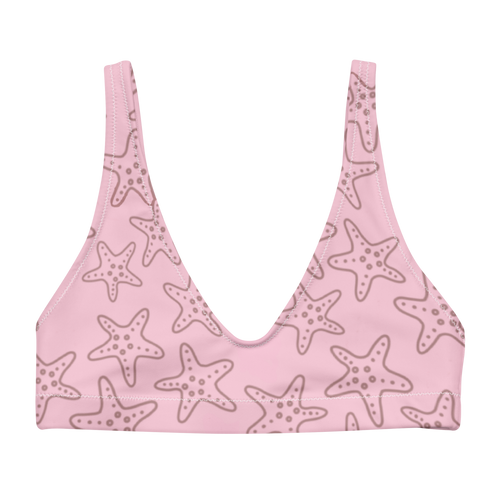 Cute Affordable Pink bikini top with starfish pattern on a white background